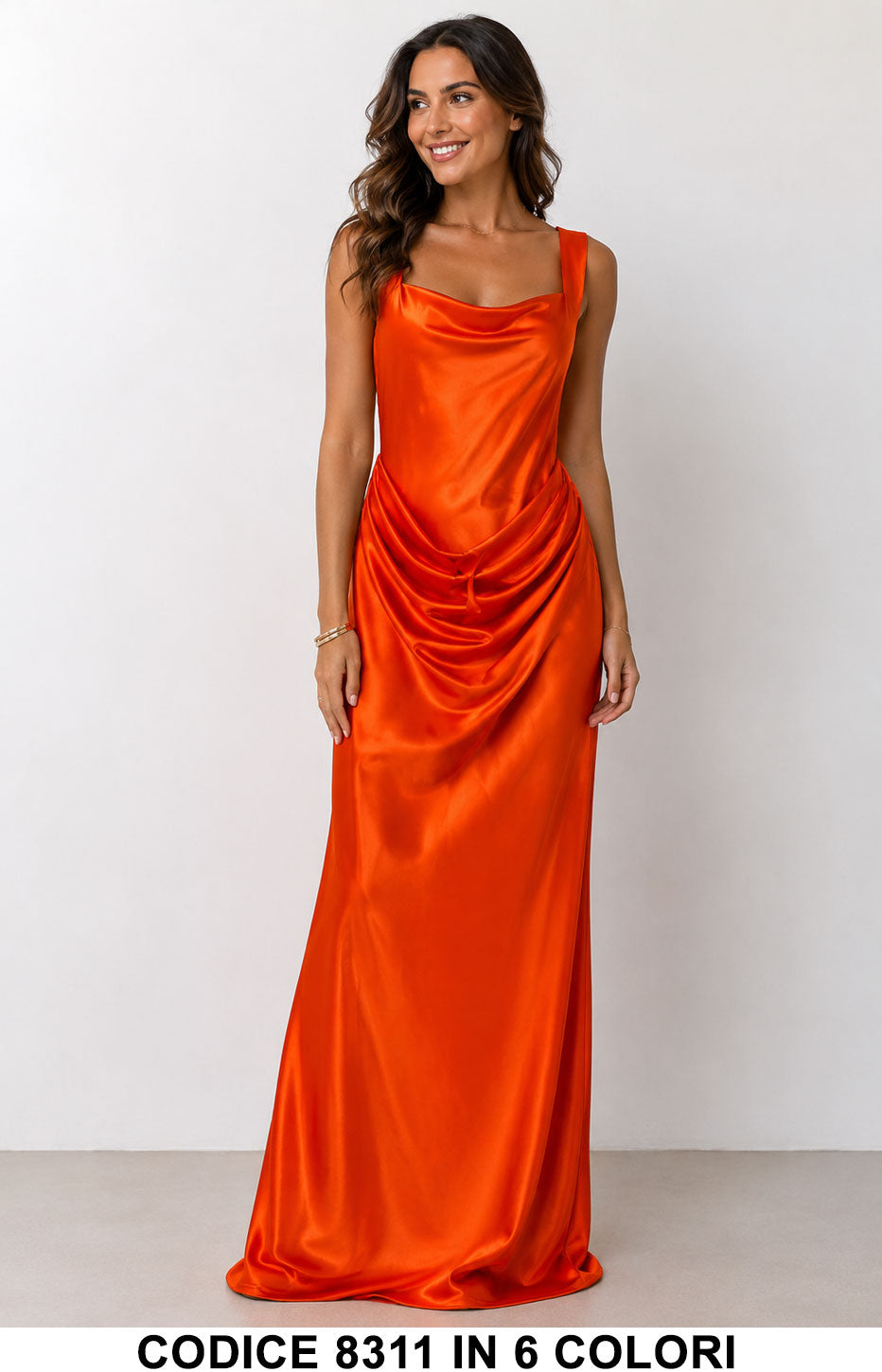 Abito Lungo Satinato con Scollo Morbido e Drappeggio in Vita Vestito Elegante Cerimonia in 6 Colori – 8311