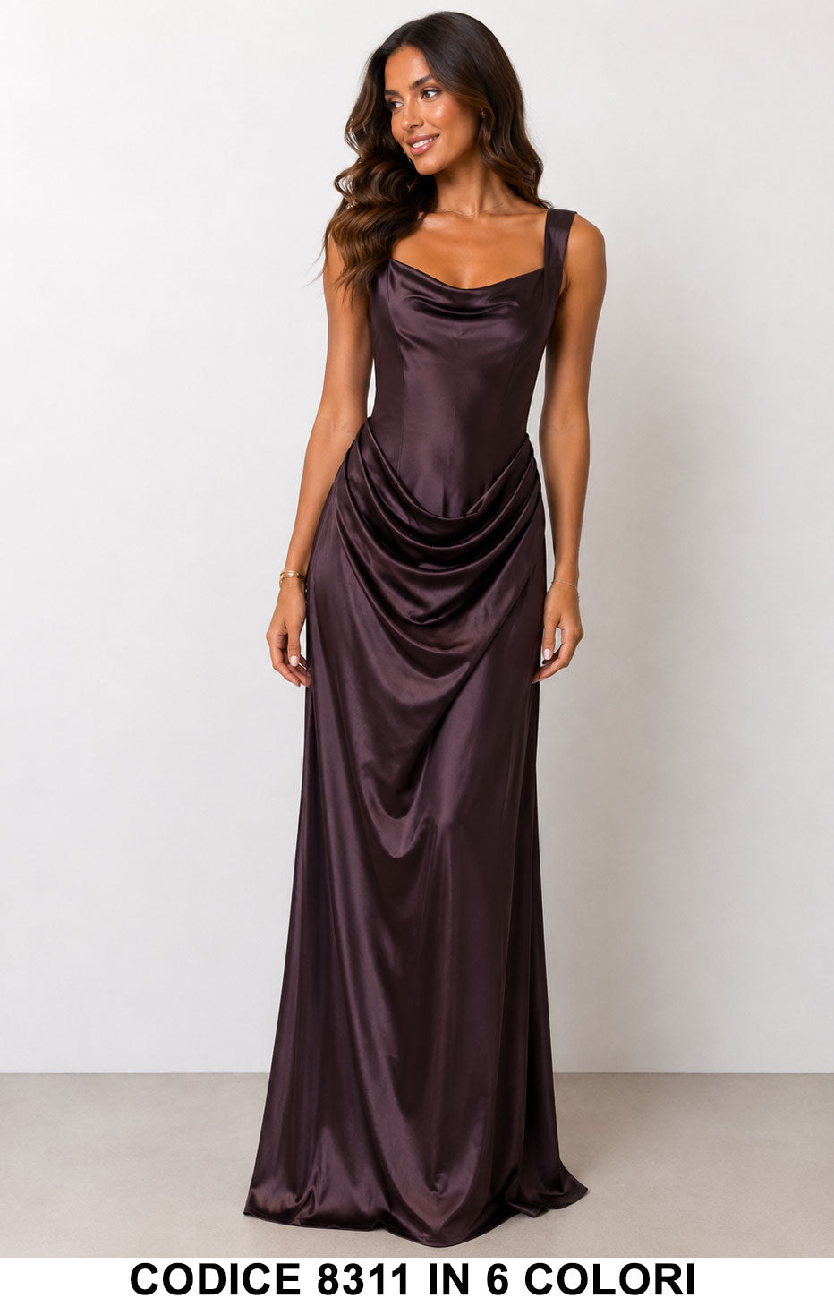 Abito Lungo Satinato con Scollo Morbido e Drappeggio in Vita Vestito Elegante Cerimonia in 6 Colori – 8311