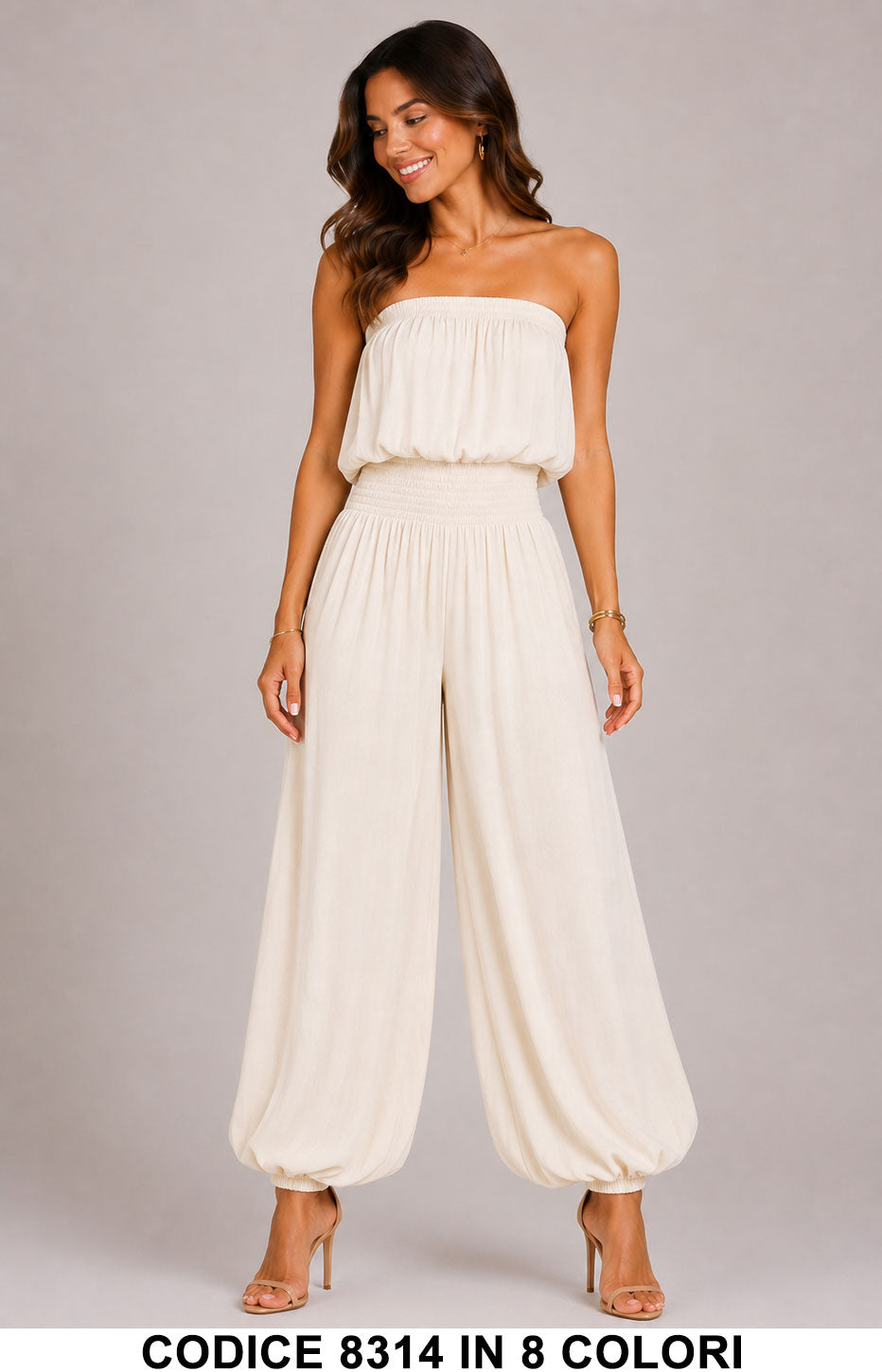Tuta Intera a Fascia con Vita Elasticizzata Modello Aladino Jumpsuit Cuasl in 8 Colori – 8314