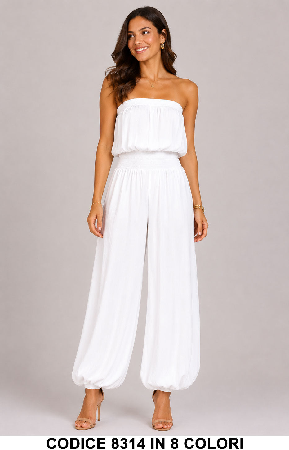 Tuta Intera a Fascia con Vita Elasticizzata Modello Aladino Jumpsuit Cuasl in 8 Colori – 8314