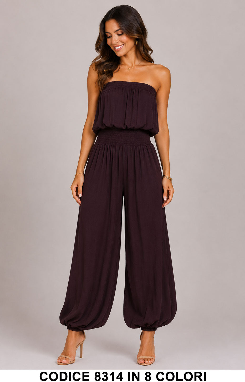 Tuta Intera a Fascia con Vita Elasticizzata Modello Aladino Jumpsuit Cuasl in 8 Colori – 8314