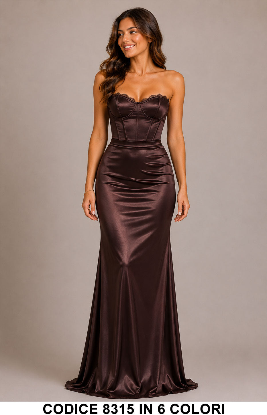 Abito Lungo Sirena Effetto Satin con Corsetto Elegante Vestito Cerimonia in 6 Colori – 8315