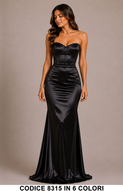 Abito Lungo Sirena Effetto Satin con Corsetto Elegante Vestito Cerimonia in Nero – 8315