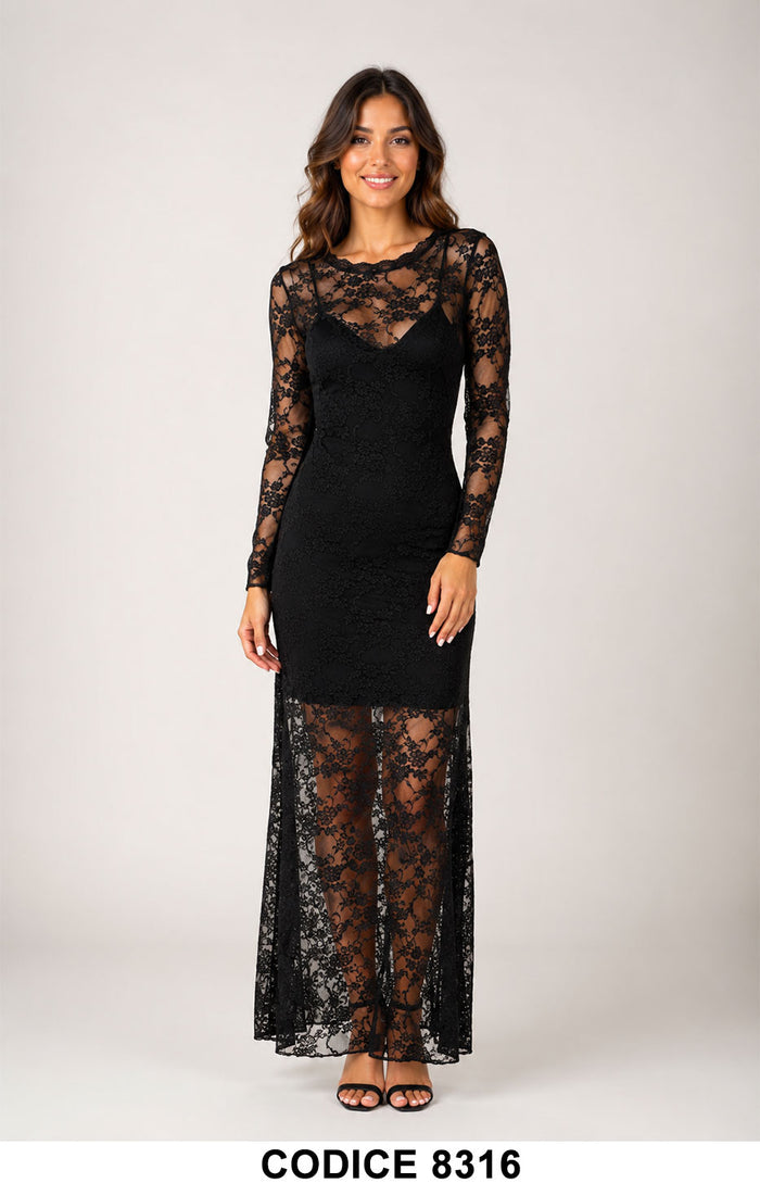 Abito Lungo in Pizzo Nero Semitrasparente con Sottoveste Elegante Vestito Raffinato Evento – 8316
