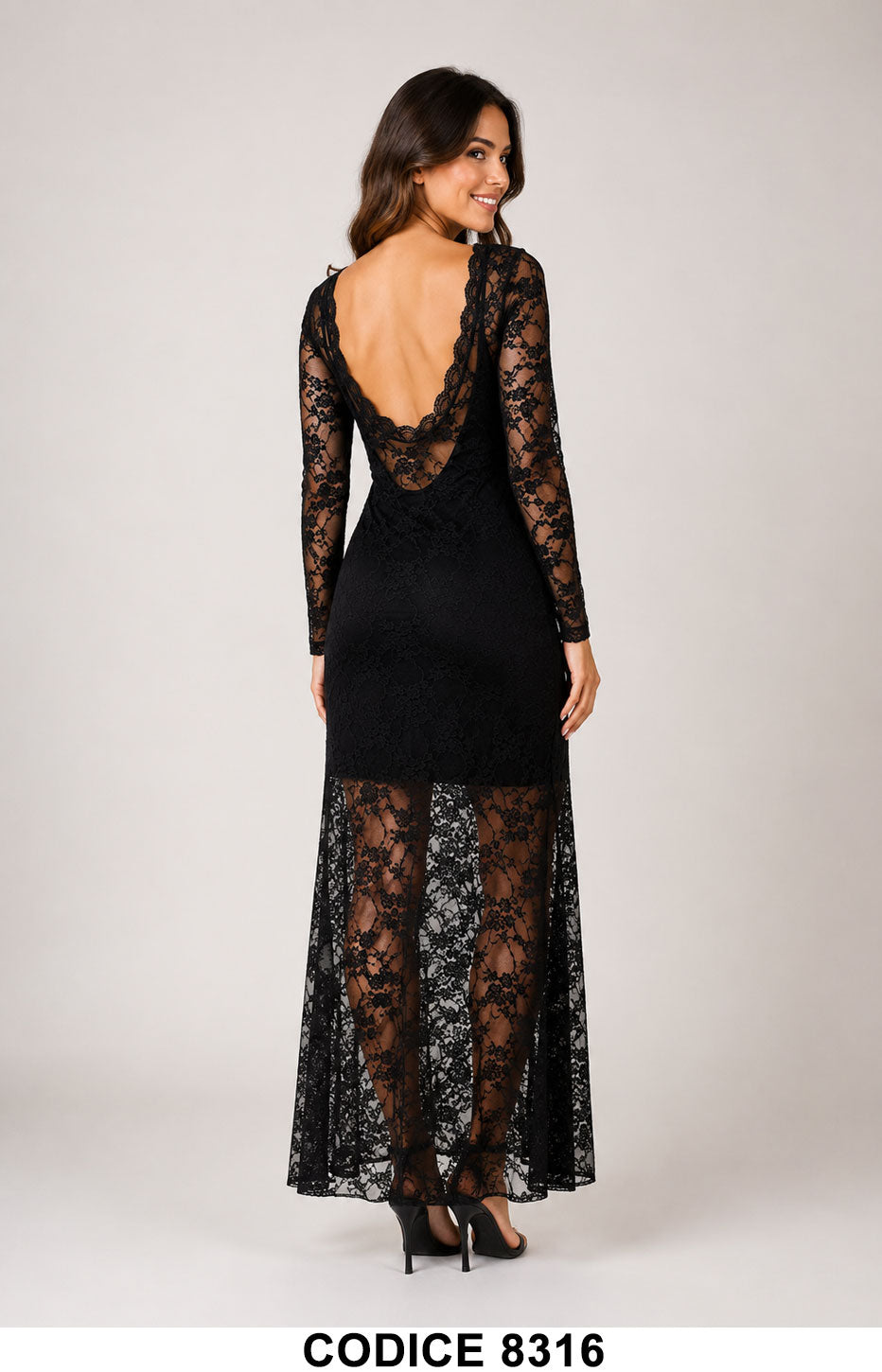 Abito Lungo in Pizzo Nero Semitrasparente con Sottoveste Elegante Vestito Raffinato Evento – 8316