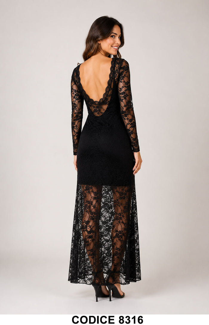 Abito Lungo in Pizzo Nero Semitrasparente con Sottoveste Elegante Vestito Raffinato Evento – 8316