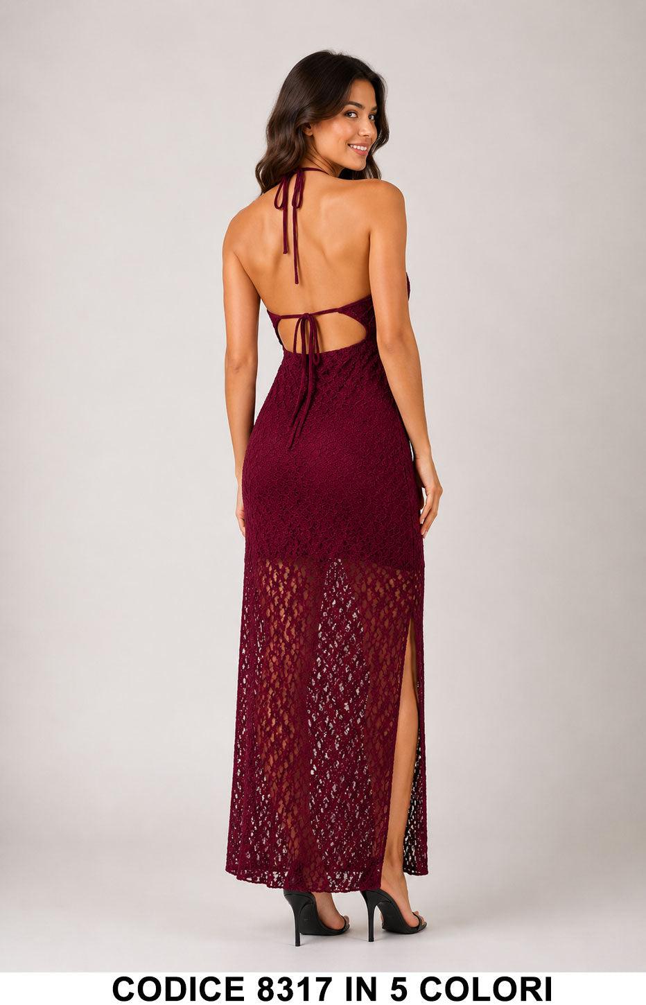 Abito Lungo in Pizzo con Schiena Scoperta Collo all'americana con laccetto Vestito in 5 Colori – 8317
