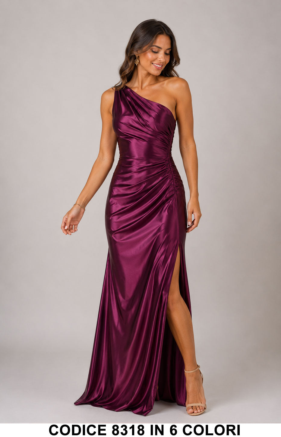 Abito Lungo Monospalla Drappeggiato Satin Luminoso Elegante Cerimonia in 6 Colori – 8318