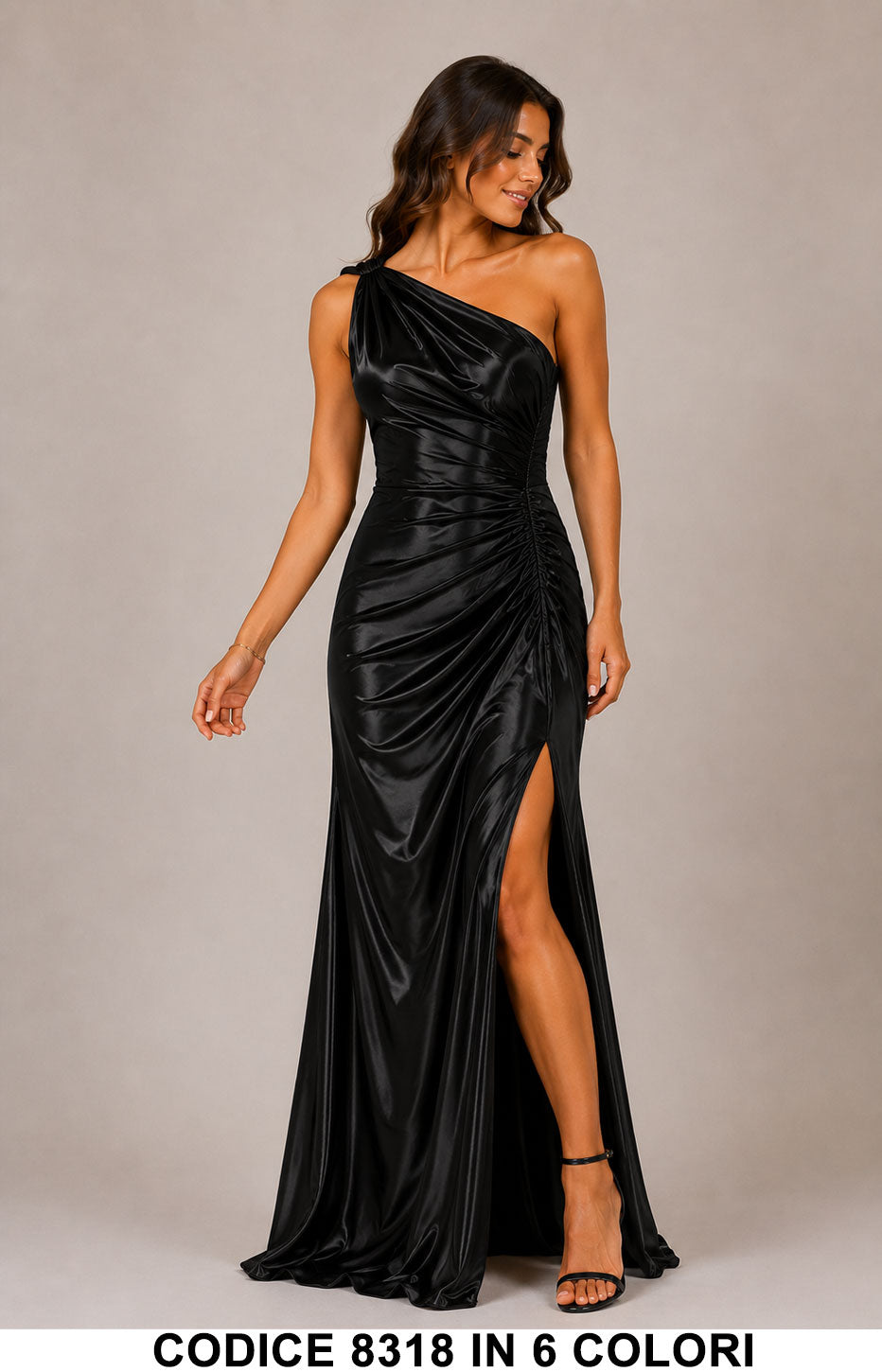 Abito Lungo Monospalla Drappeggiato Satin Luminoso Elegante Cerimonia in 6 Colori – 8318
