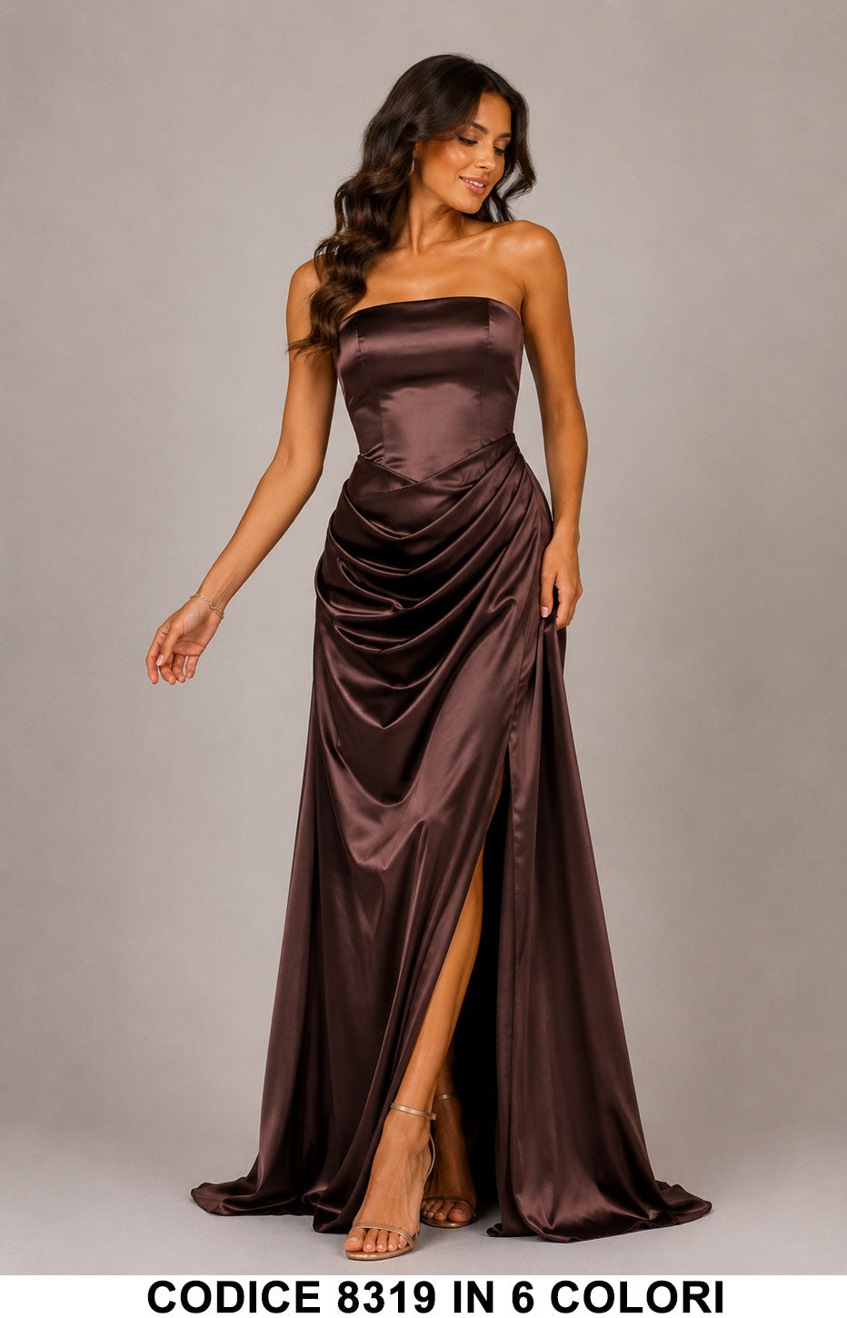 Abito Lungo Elegante a Fascia in Raso Lucido con Drappeggio e Spacco Cerimonia in 6 Colori – 8319