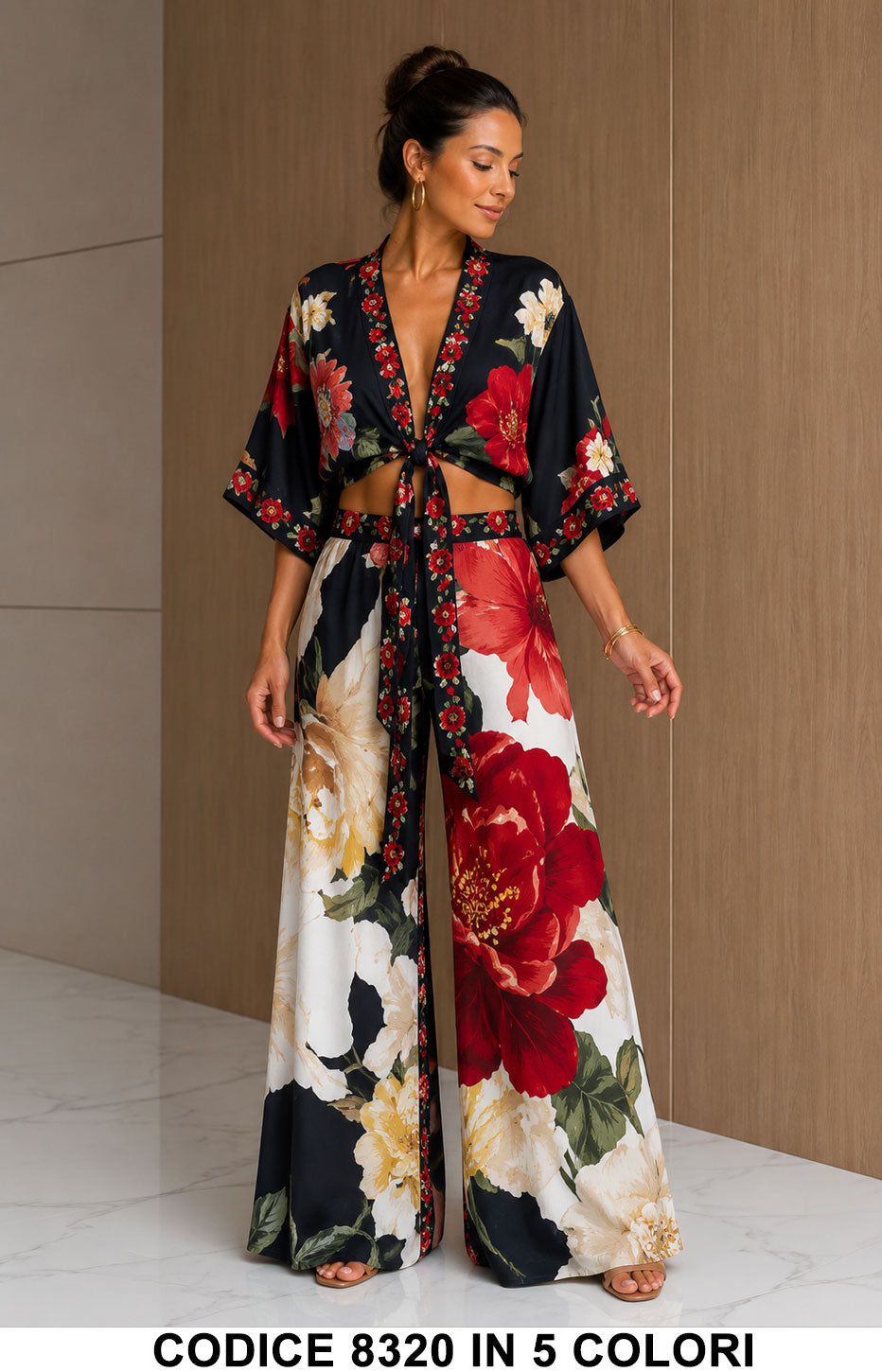 Completo Donna 2 Pezzi Floreale con Top Annodato Kimono e Pantalone Palazzo in 4 Fantasie - 8320