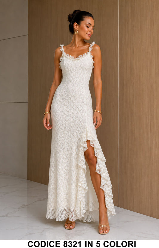 Abito Lungo Elegante in Pizzo con Volant e Schiena Scoperta Vestito Evento in Bianco – 8321
