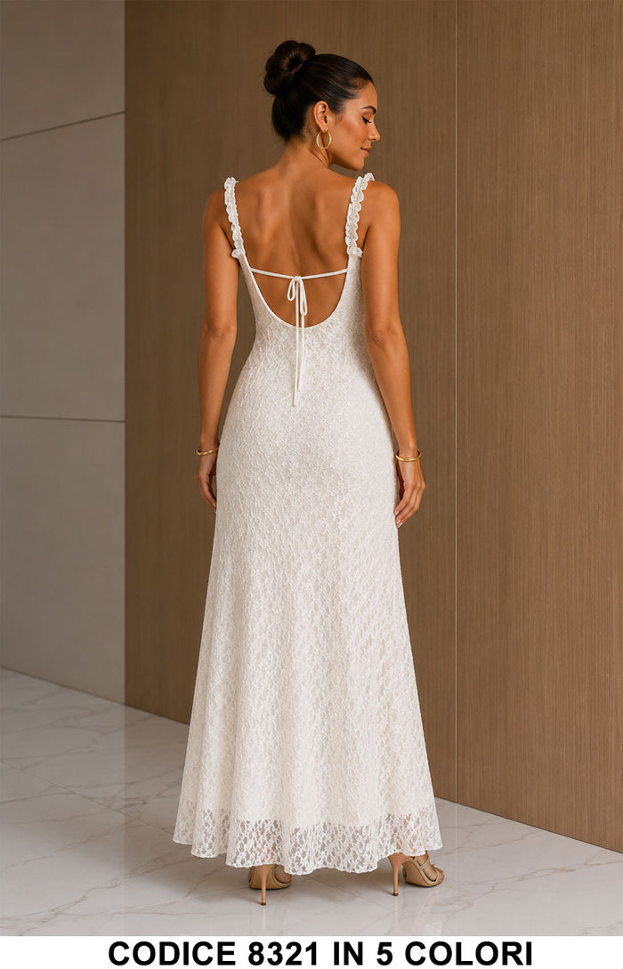 Abito Lungo Elegante in Pizzo con Volant e Schiena Scoperta Vestito Evento in Bianco – 8321