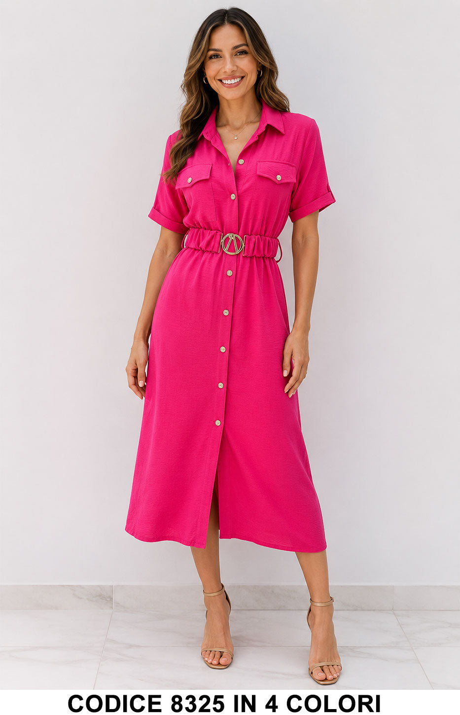 Abito Chemisier Lungo Donna Elegante con Cintura e Bottoni in 4 Colori – Codice 8325