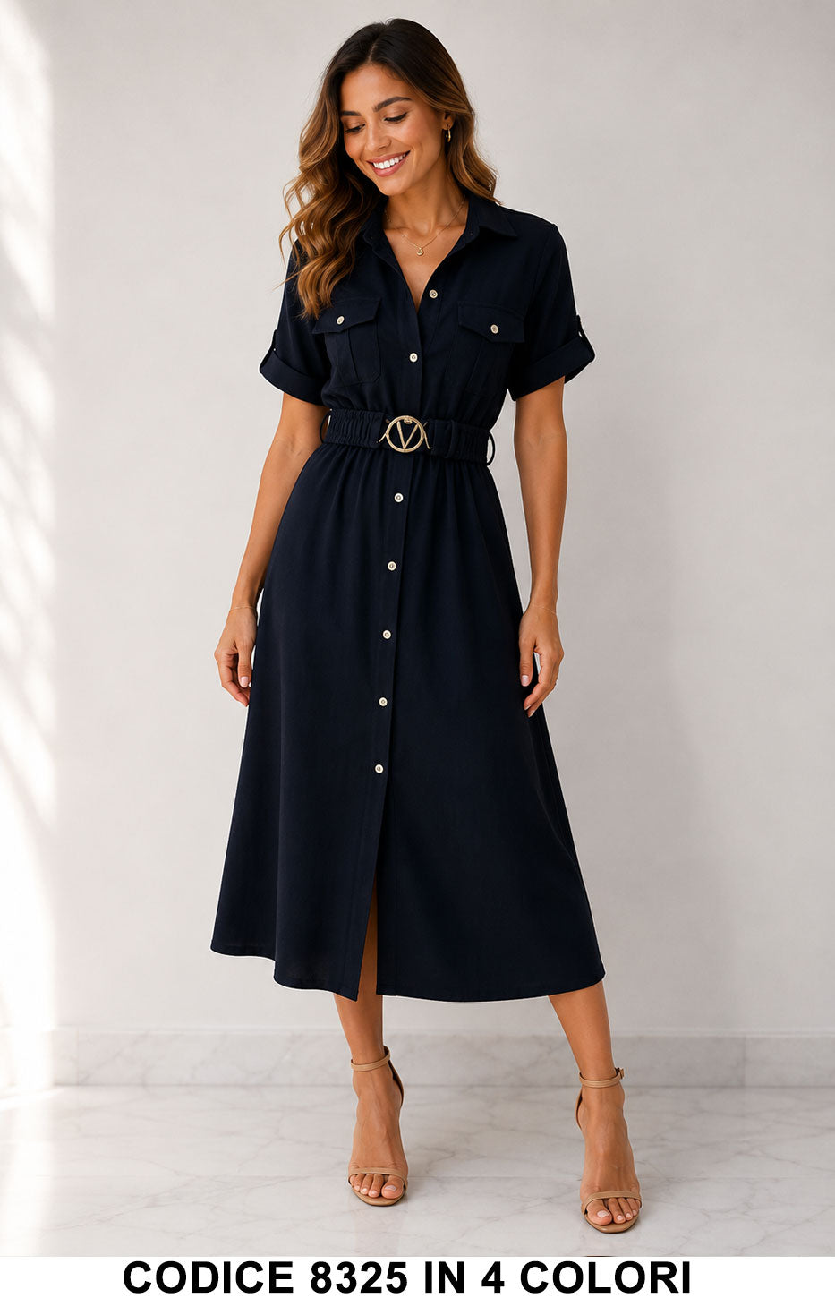Abito Chemisier Lungo Donna Elegante con Cintura e Bottoni in 4 Colori – Codice 8325