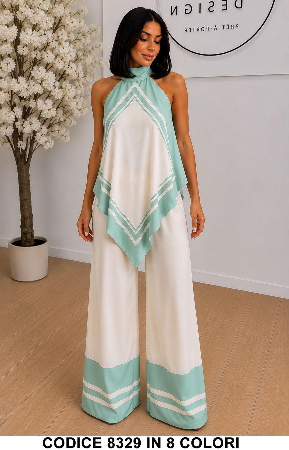 Completo Elegante Donna con Top a Foulard e Pantaloni Palazzo Coordinato in 8 Colori – 8329
