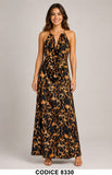Abito Lungo Elegante Animalier con Schiena Scoperta e Scollo Drappeggiato Vestito Maculato – 8330