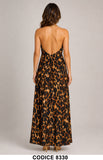 Abito Lungo Elegante Animalier con Schiena Scoperta e Scollo Drappeggiato Vestito Maculato – 8330