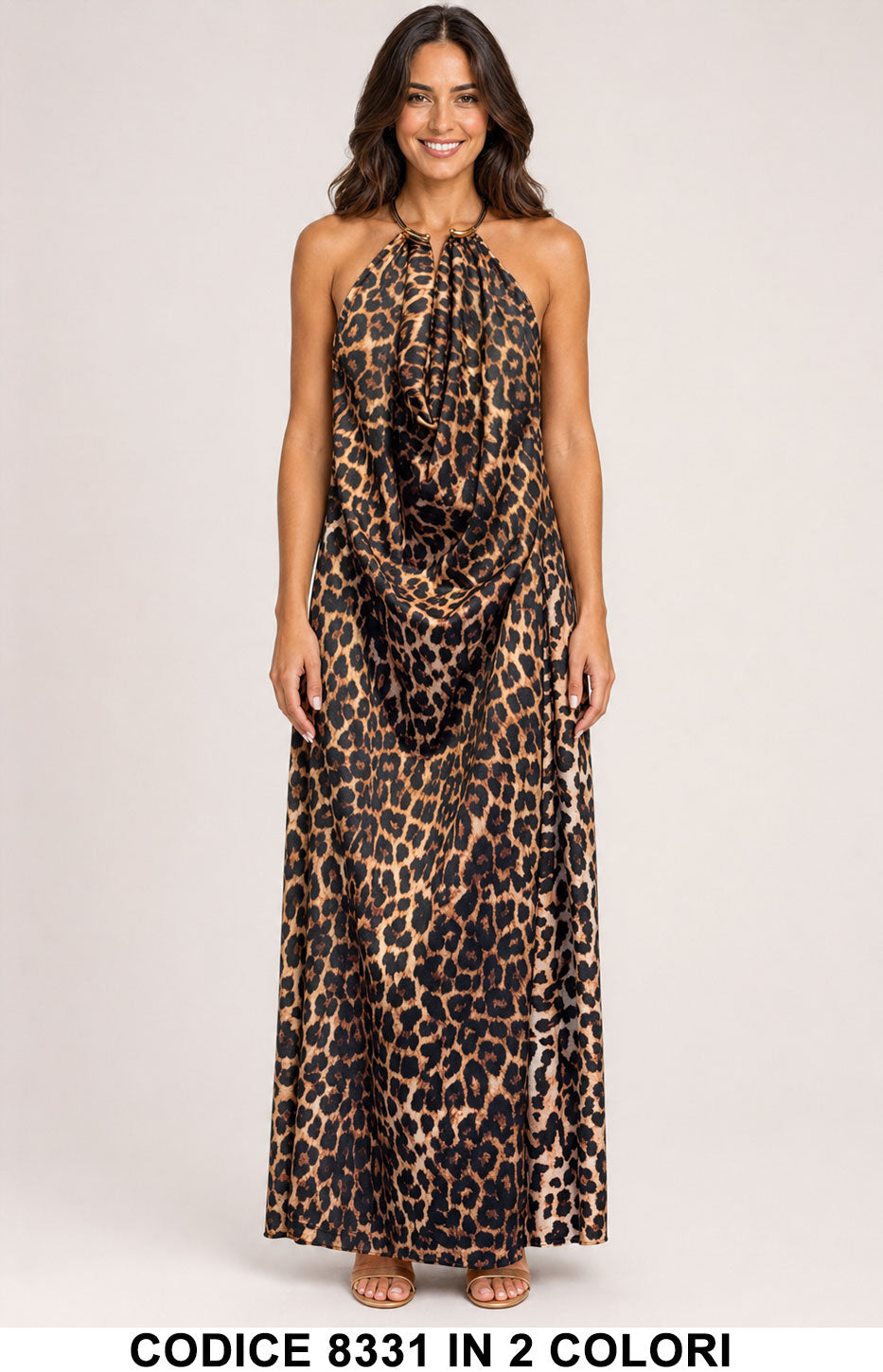 Abito Lungo Elegante Animalier con Scollo Drappeggiato e Schiena Scoperta Vestito in 2 Colori – 8331