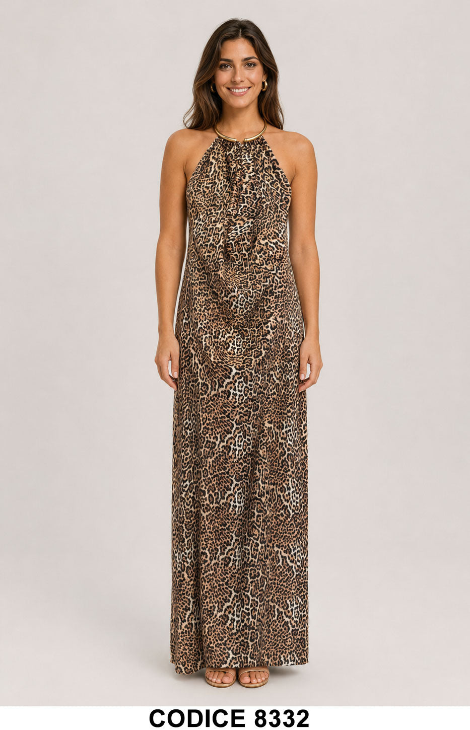 Abito Lungo Elegante Animalier con Schiena Scoperta e Collo Gioiello Vestito – 8332