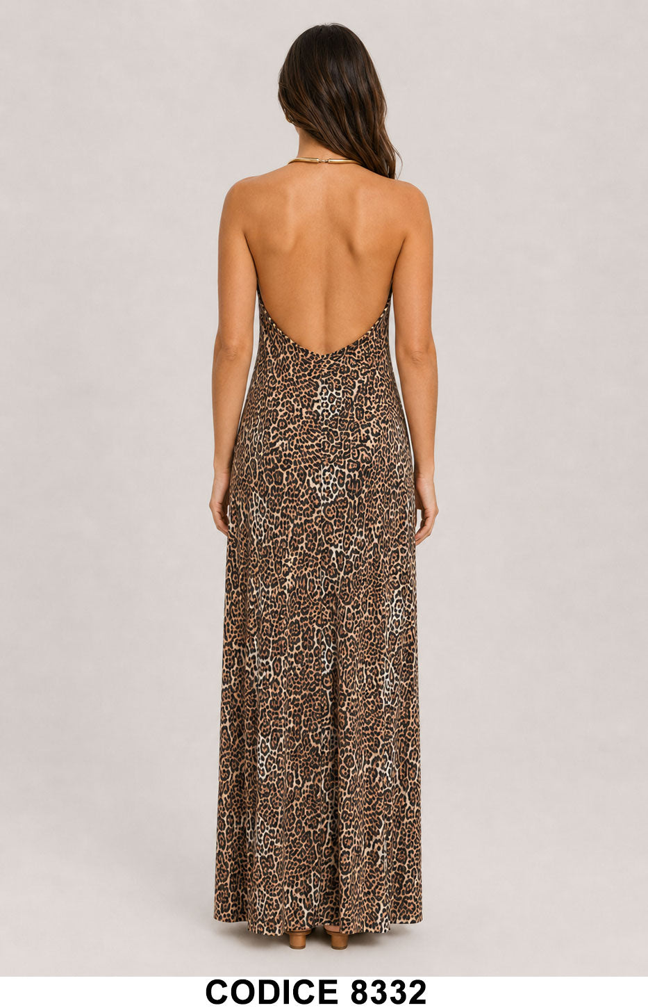 Abito Lungo Elegante Animalier con Schiena Scoperta e Collo Gioiello Vestito – 8332
