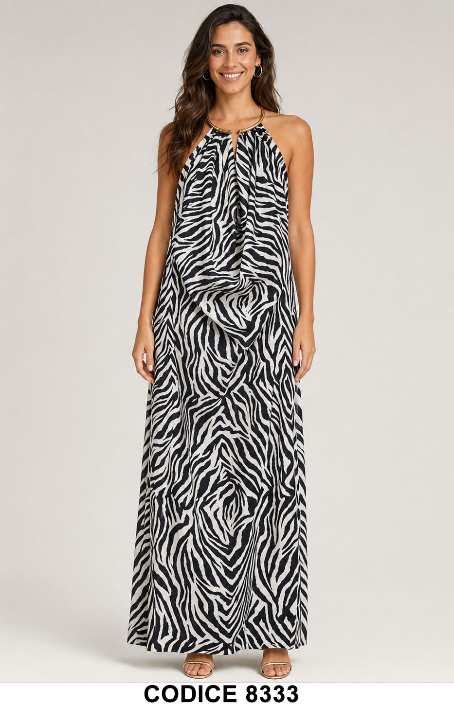 Abito Lungo Elegante Zebrato con Schiena Scoperta e Collo Gioiello Vestito Animalier – 8333