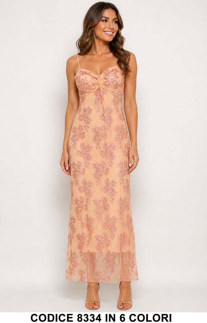 Abito Lungo Elegante Donna in Tulle Ricamato con Paillettes e Spalline Sottili in Rosa – 8334
