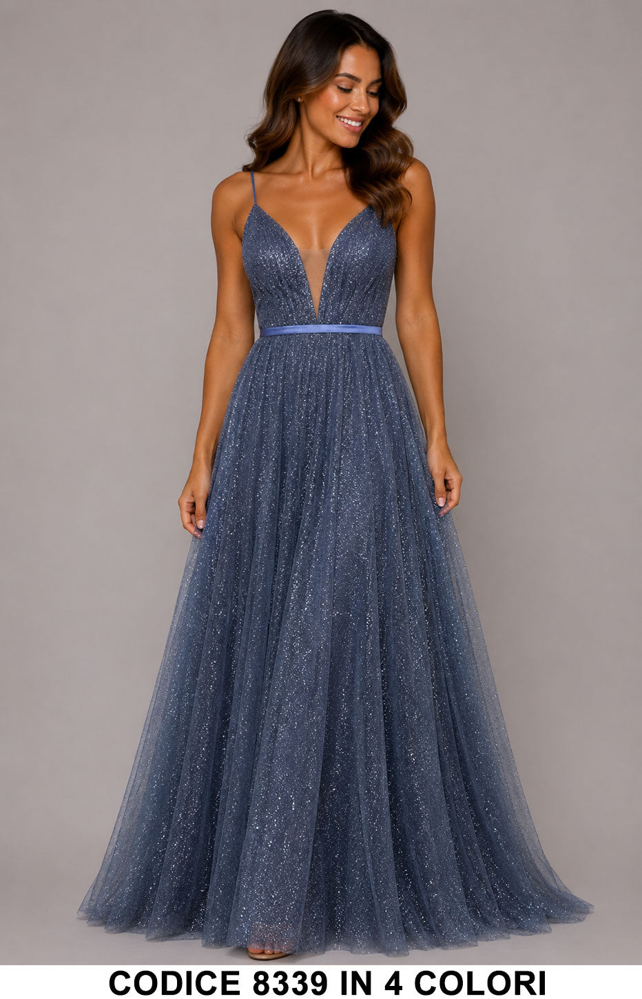Abito Cerimonia Lungo Glitter con Scollo Profondo e Schiena Incrociata Vestito Evento in 4 Colori – 8339