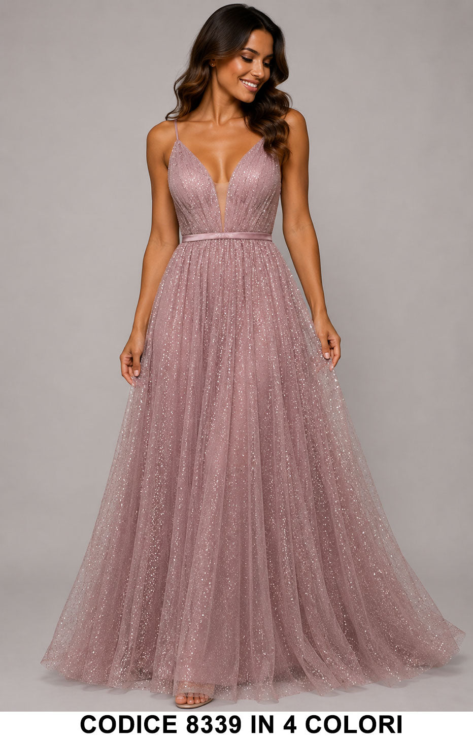 Abito Cerimonia Lungo Glitter con Scollo Profondo e Schiena Incrociata Vestito Evento in 4 Colori – 8339