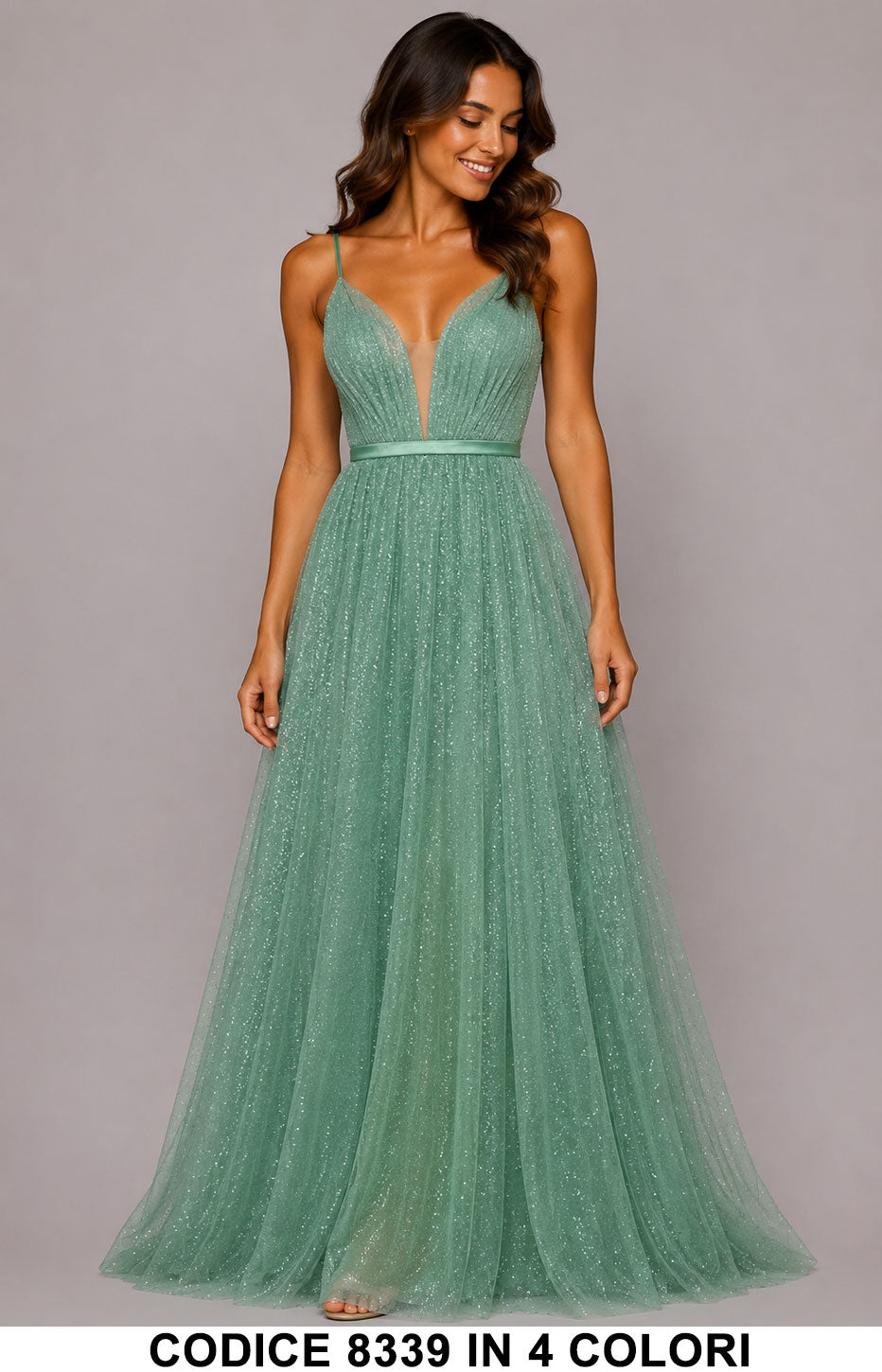 Abito Cerimonia Lungo Glitter con Scollo Profondo e Schiena Incrociata Vestito Evento in 4 Colori – 8339