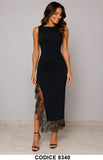Abito Midi Elegante Asimmetrico con Inserto in Pizzo Nero Vestito Cerimonia Evento - 8340