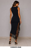 Abito Midi Elegante Asimmetrico con Inserto in Pizzo Nero Vestito Cerimonia Evento - 8340