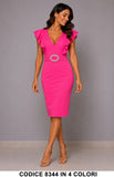 Abito Tubino Elegante con Volant sulle Spalle e Cintura Gioiello Vestito Cerimonia Donna in 4 Colori – 8344