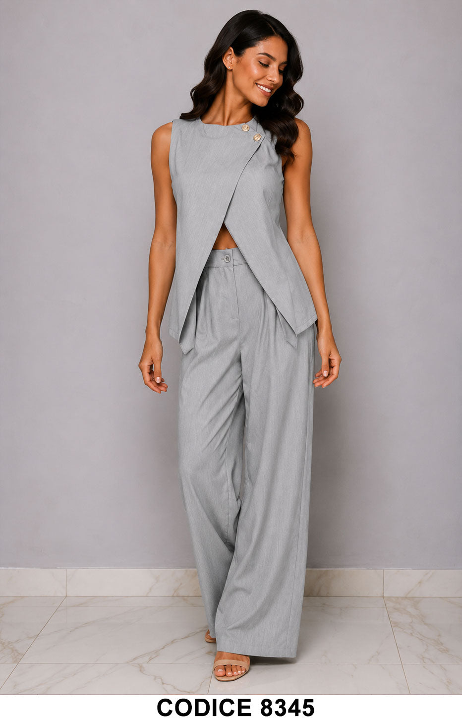 Completo Donna Elegante Due Pezzi con Top Asimmetrico e Pantalone Palazzo Coordinato Grigio – 8345