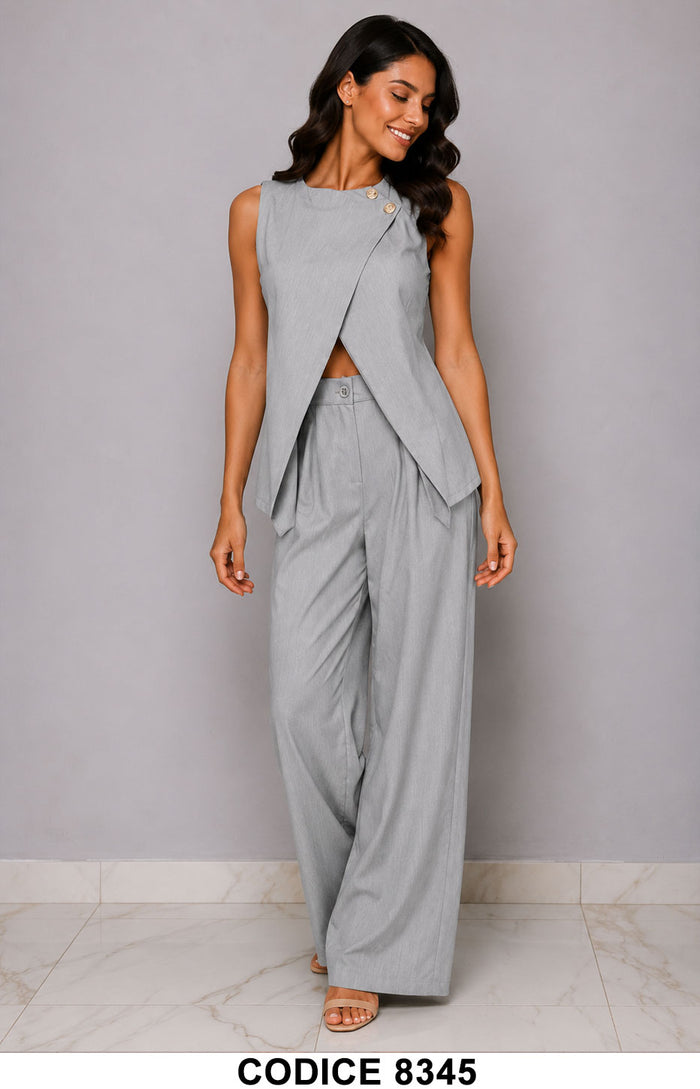 Completo Donna Elegante Due Pezzi con Top Asimmetrico e Pantalone Palazzo Coordinato Grigio – 8345