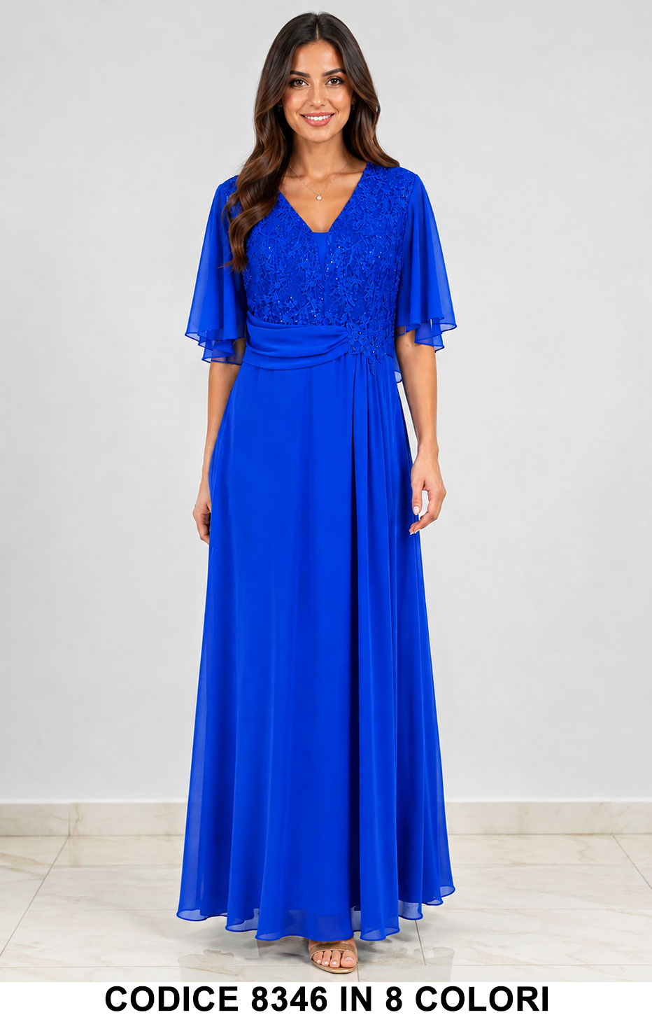 Abito Lungo da Cerimonia in Chiffon con Corpino in Pizzo e Maniche Eleganti in 8 Colori – 8346