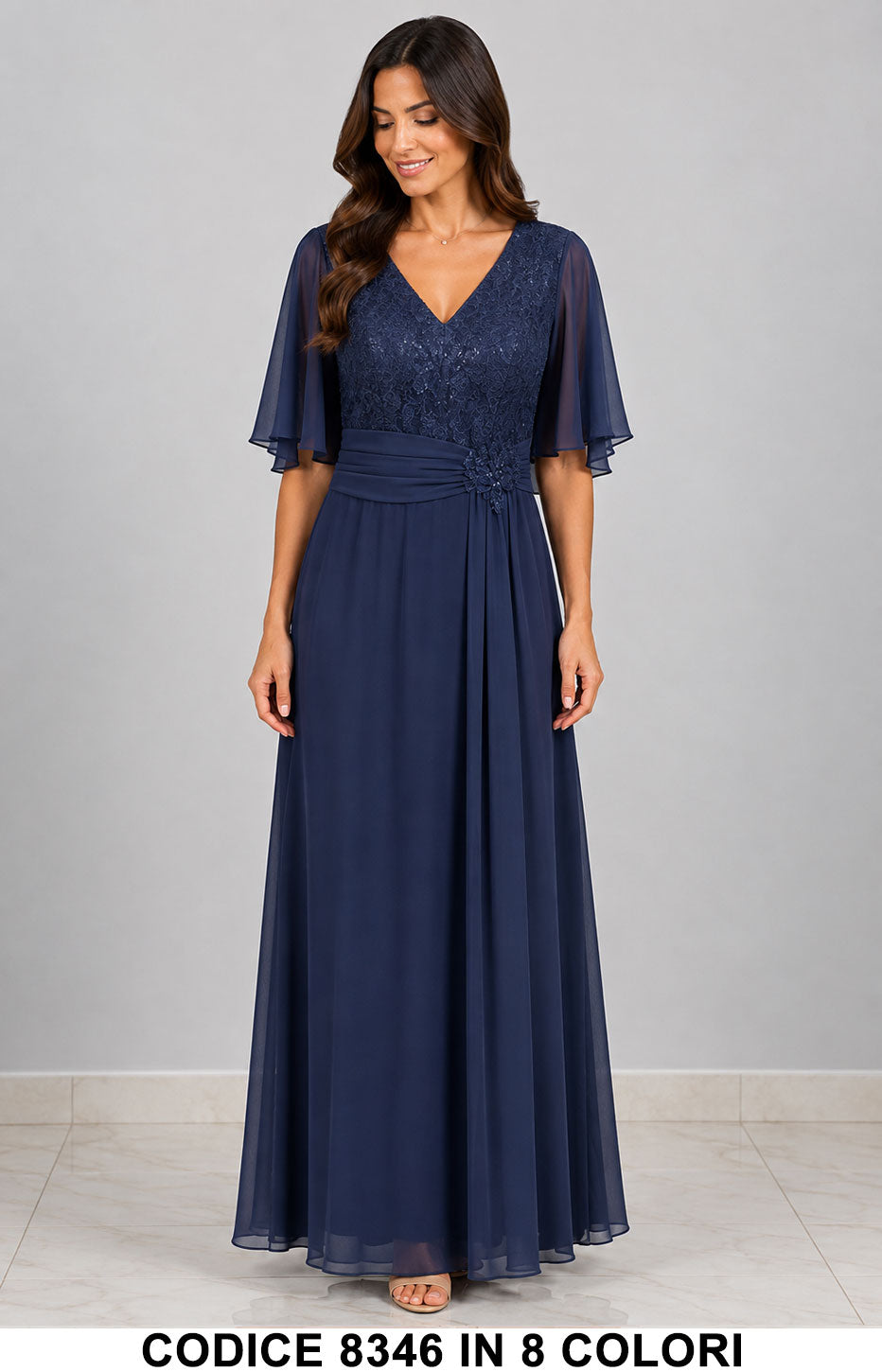 Abito Lungo da Cerimonia in Chiffon con Corpino in Pizzo e Maniche Eleganti in 8 Colori – 8346