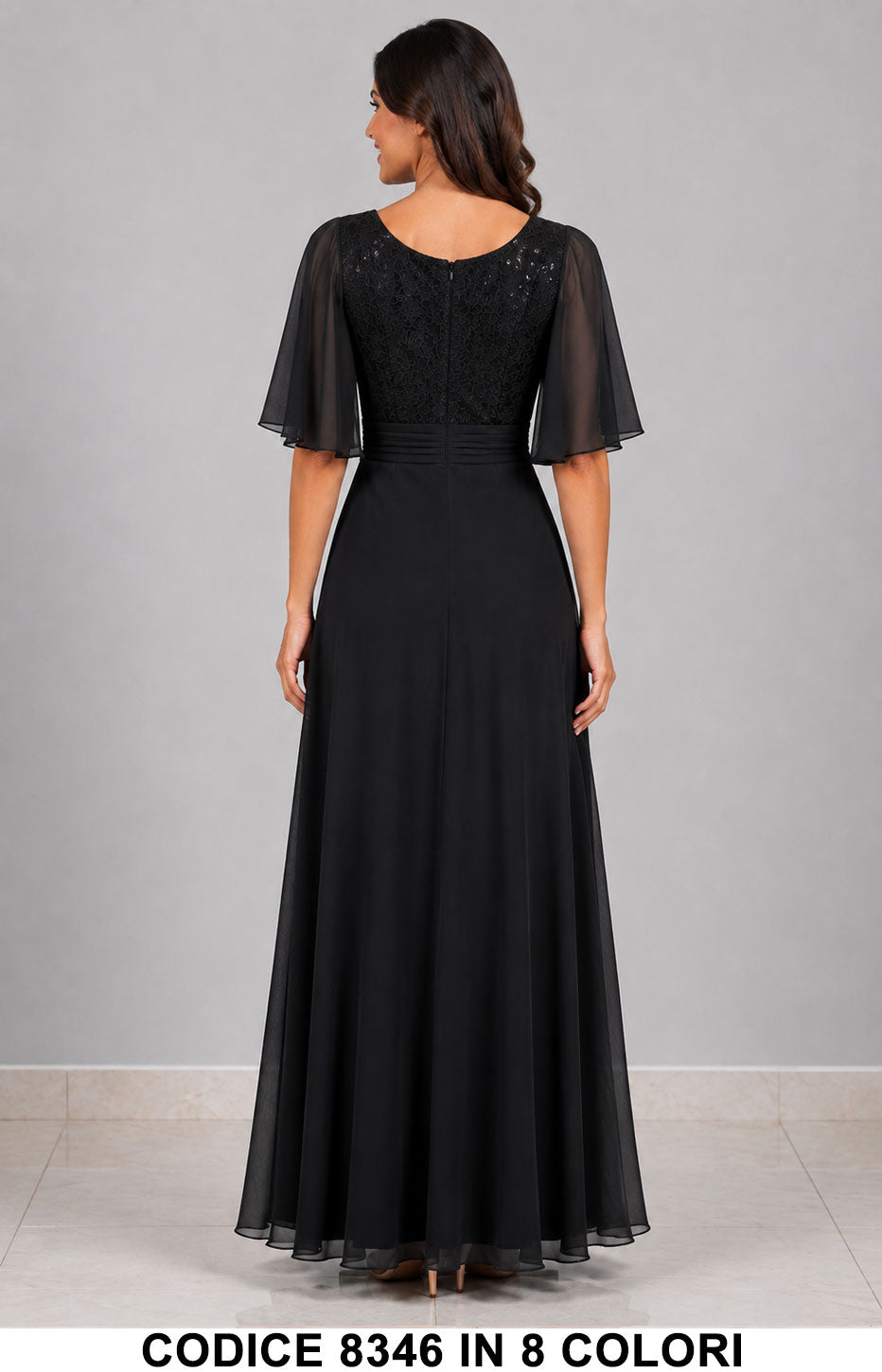 Abito Lungo da Cerimonia in Chiffon con Corpino in Pizzo e Maniche Eleganti in 8 Colori – 8346
