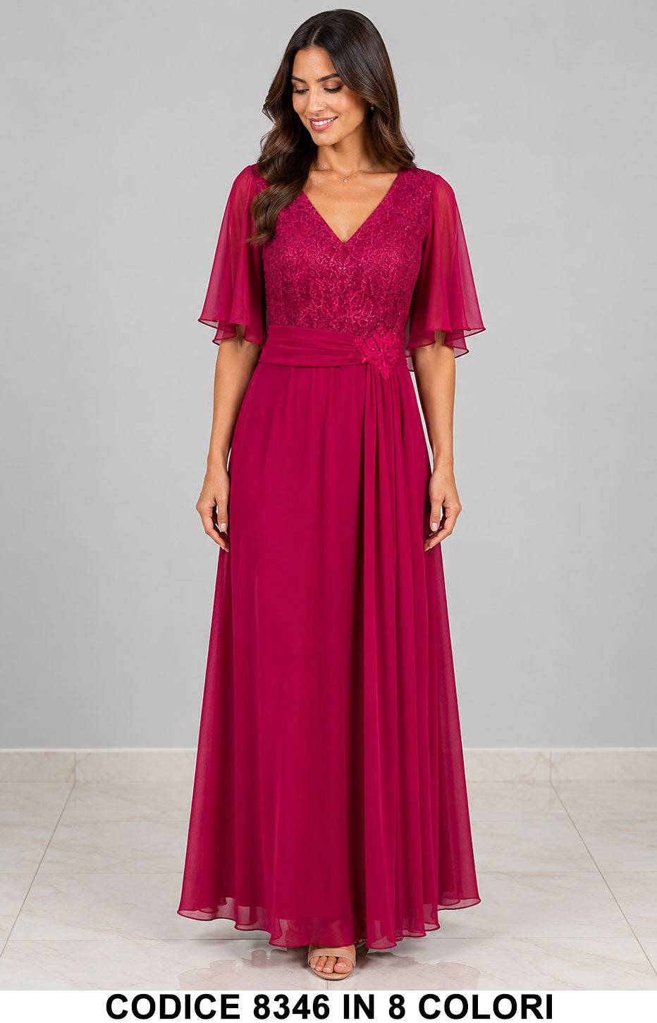 Abito Lungo da Cerimonia in Chiffon con Corpino in Pizzo e Maniche Eleganti in 8 Colori – 8346
