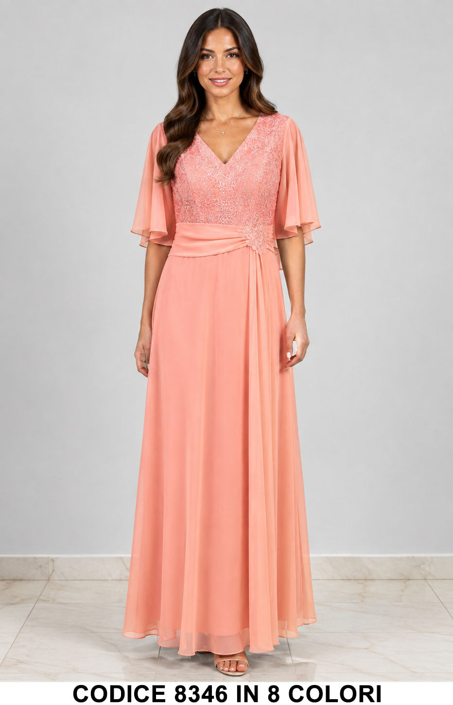 Abito Lungo da Cerimonia in Chiffon con Corpino in Pizzo e Maniche Eleganti in 8 Colori – 8346