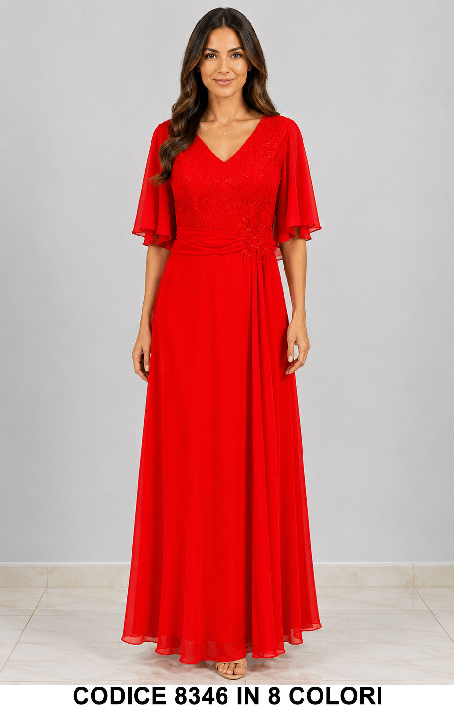Abito Lungo da Cerimonia in Chiffon con Corpino in Pizzo e Maniche Eleganti in 8 Colori – 8346