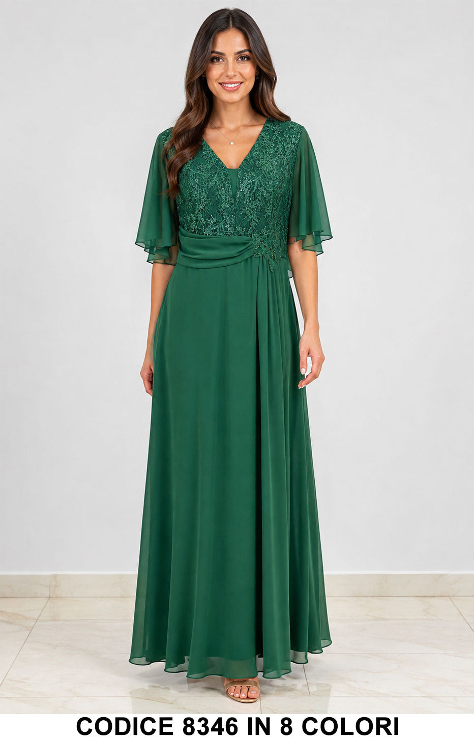 Abito Lungo da Cerimonia in Chiffon con Corpino in Pizzo e Maniche Eleganti in 8 Colori – 8346