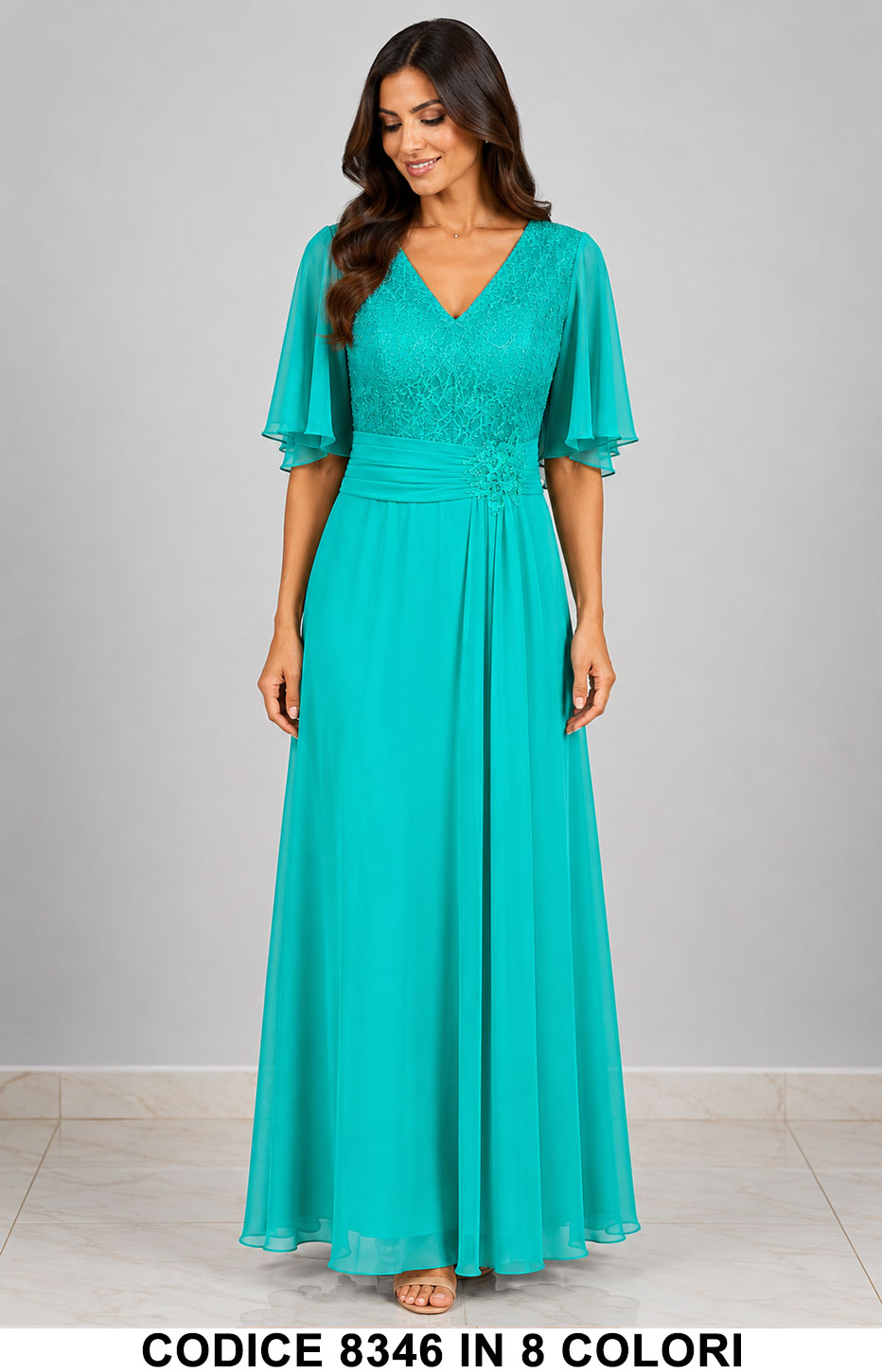 Abito Lungo da Cerimonia in Chiffon con Corpino in Pizzo e Maniche Eleganti in 8 Colori – 8346