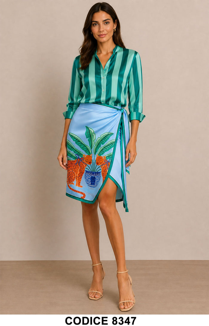 Completo Donna Camicia a Righe e Gonna Pareo Fantasia Tropicale Coordinato Verde Azzurro – 8347