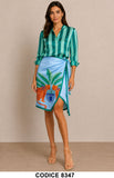 Completo Donna Camicia a Righe e Gonna Pareo Fantasia Tropicale Coordinato Verde Azzurro – 8347