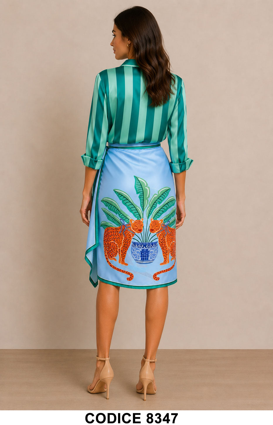 Completo Donna Camicia a Righe e Gonna Pareo Fantasia Tropicale Coordinato Verde Azzurro – 8347