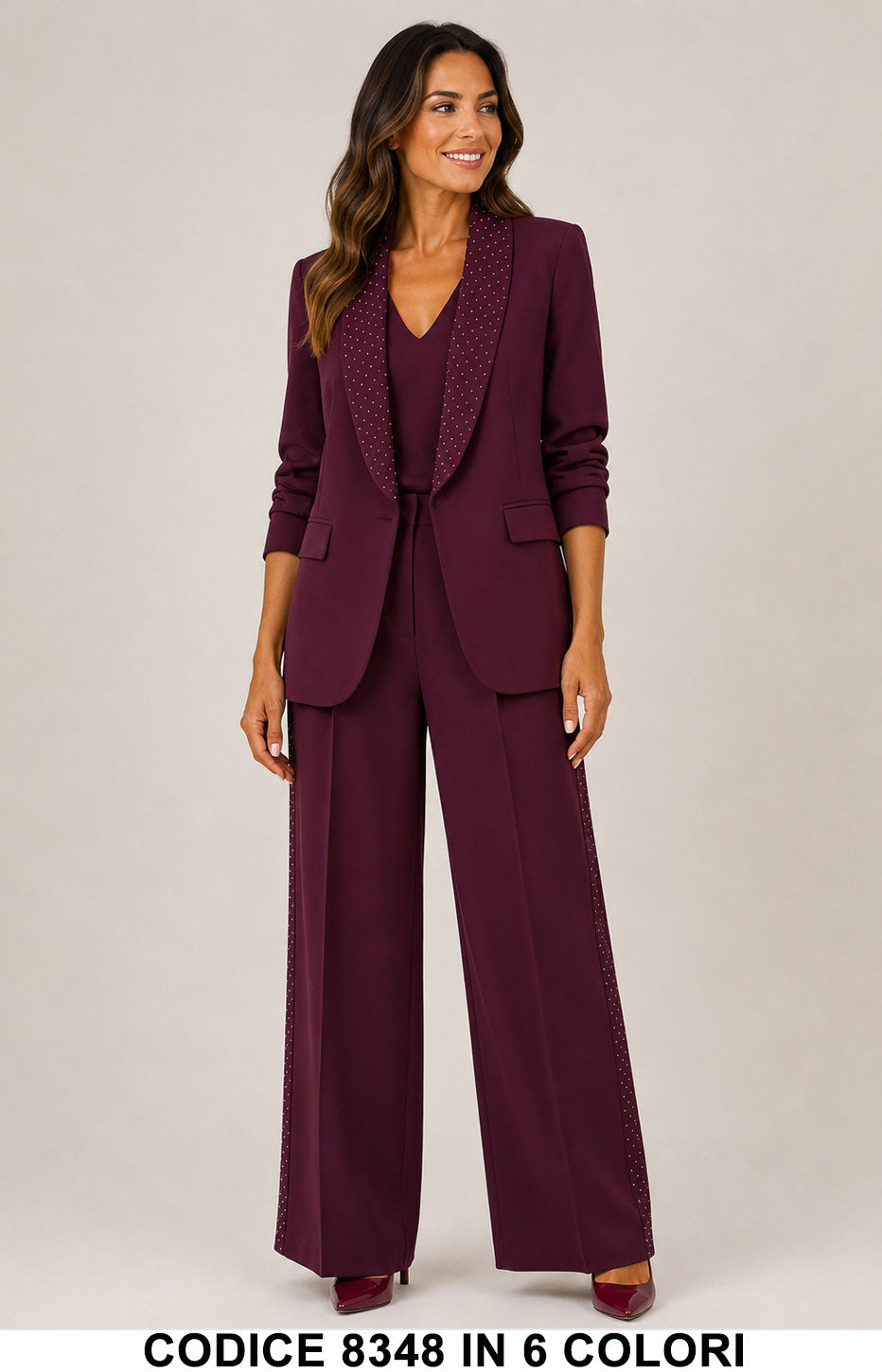 Tailleur Donna 3 Pezzi con Strass e Pantalone Palazzo Completo Elegante in 6 Colori – 8348