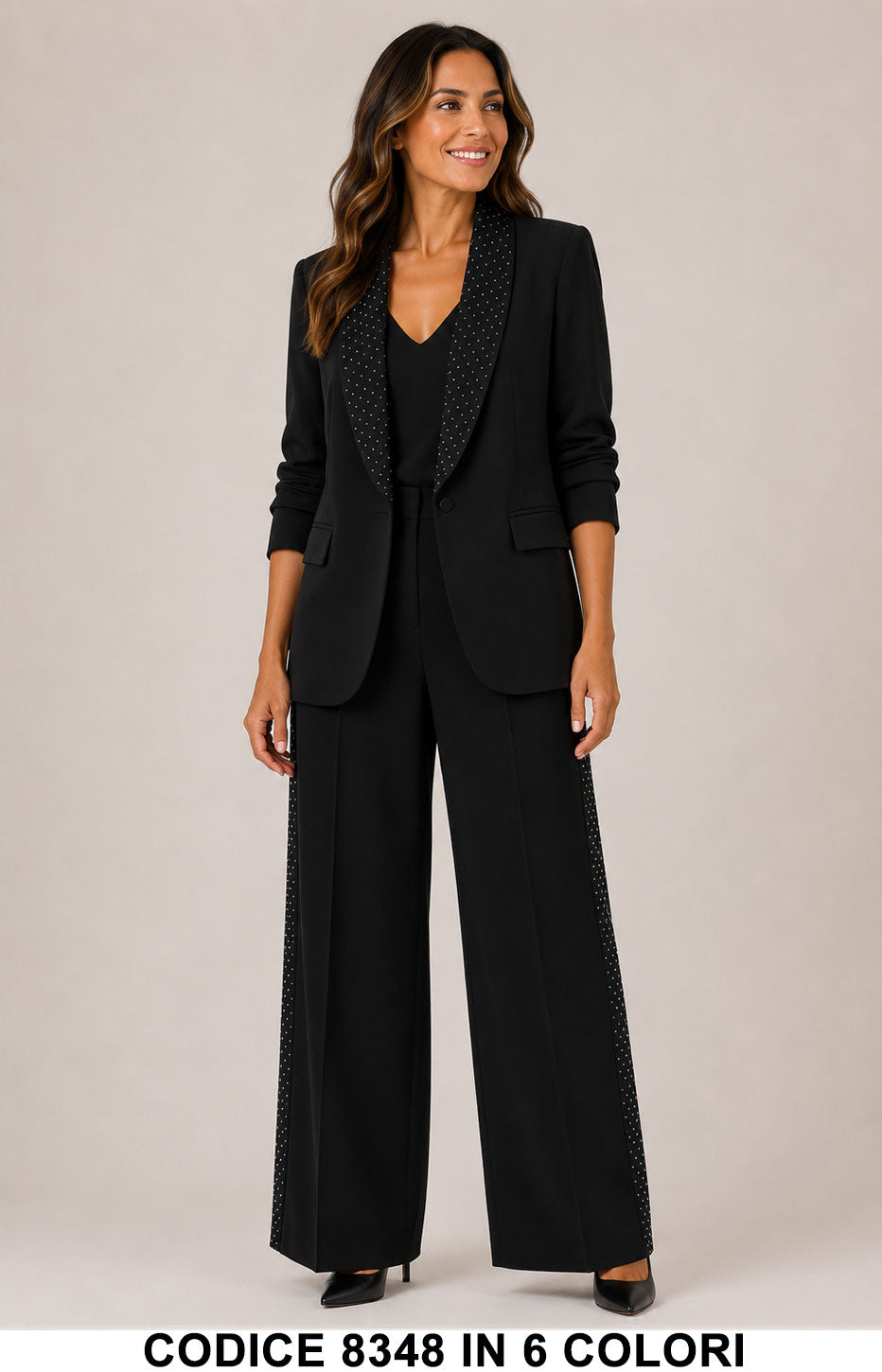 Tailleur Donna 3 Pezzi con Strass e Pantalone Palazzo Completo Elegante in 6 Colori – 8348