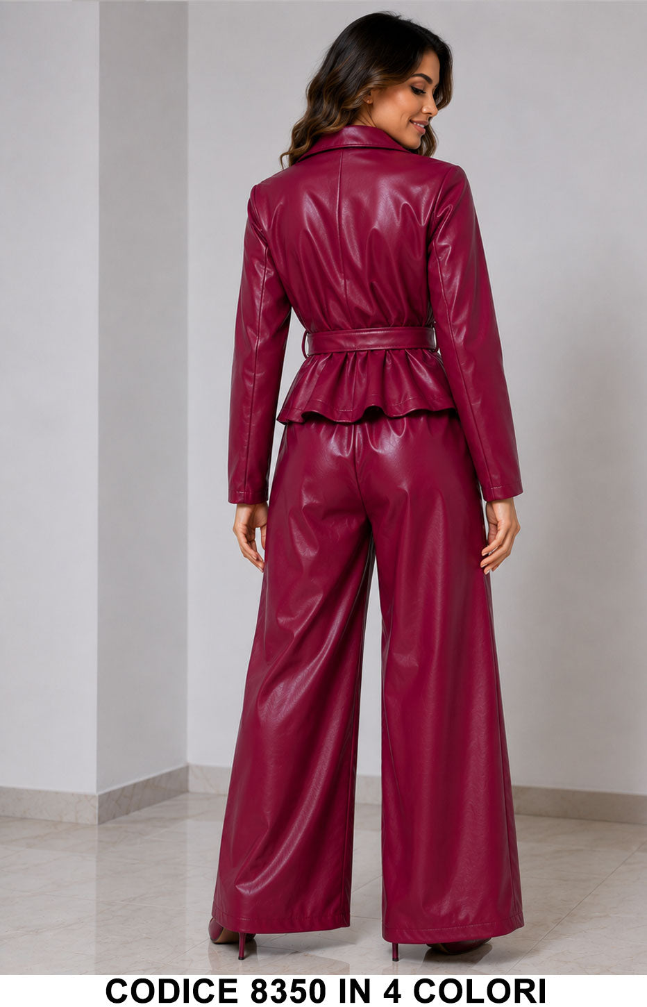Tailleur Donna in Ecopelle Giacca con Cintura Pantalone Palazzo Completo eco Pelle in 4 Colori – 8350