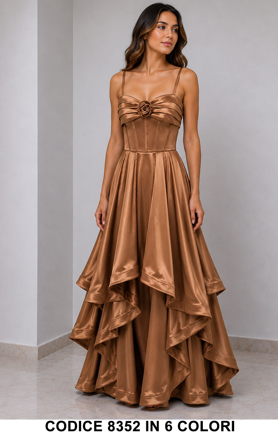 Abito Lungo da Cerimonia in Raso con Rosa e Gonna a Balze Vestito Elegante Evento in 6 Colori – 8352